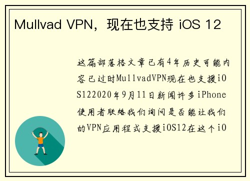 Mullvad VPN，现在也支持 iOS 12 